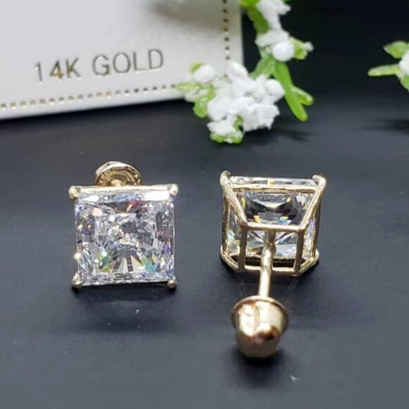 14k solid yellow gold stud earrings princess cut simulated diamonds 6mm - Picture 2 of 4